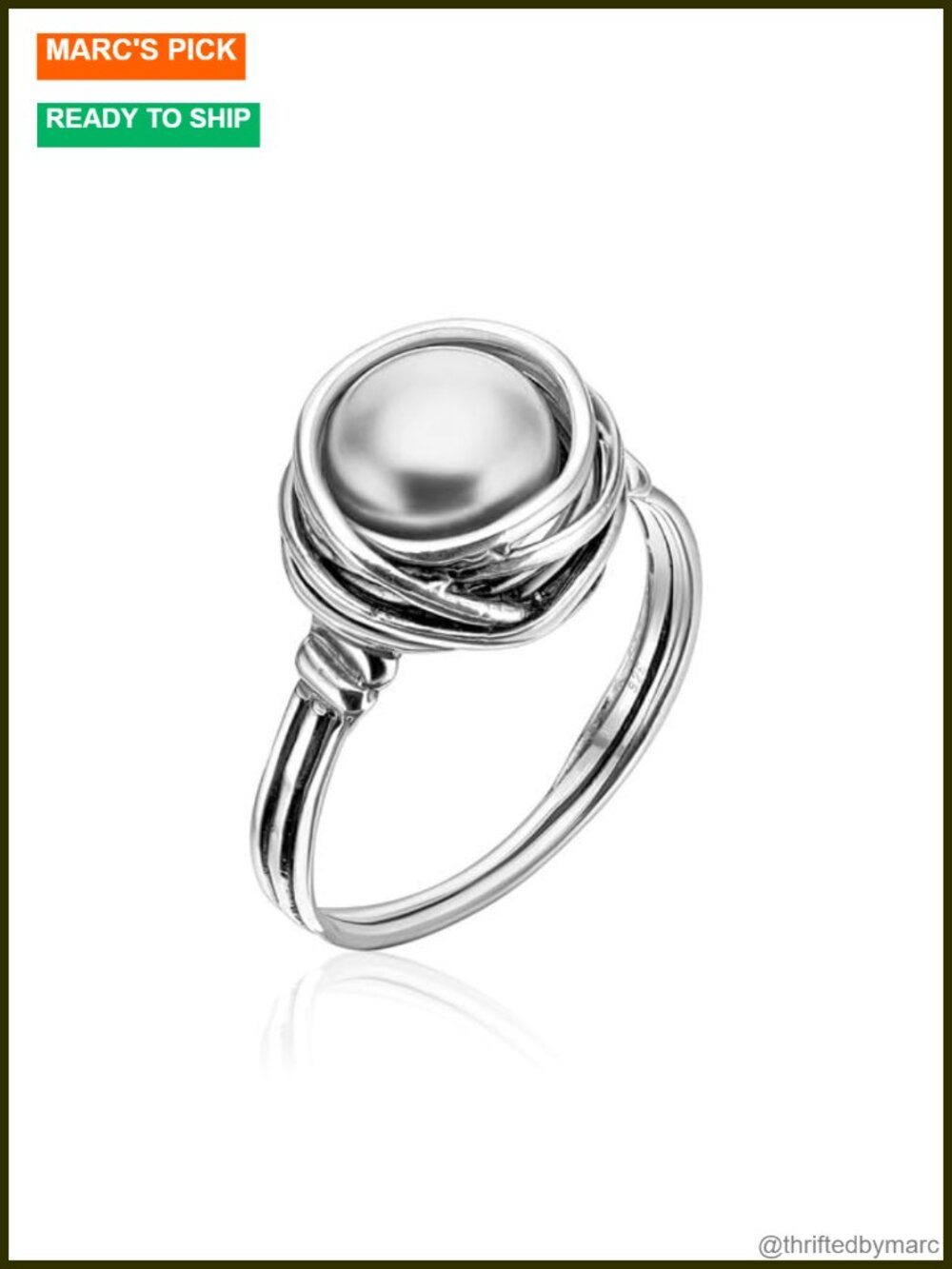 925 Sterling Silver Freshwater Pearl Wire Wrap Vintage Statement Ring